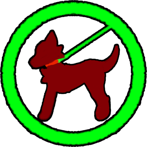 a dark red dog with a red collar which is attached by a bright green leash. There is a circle around the dog that is green like the leash is